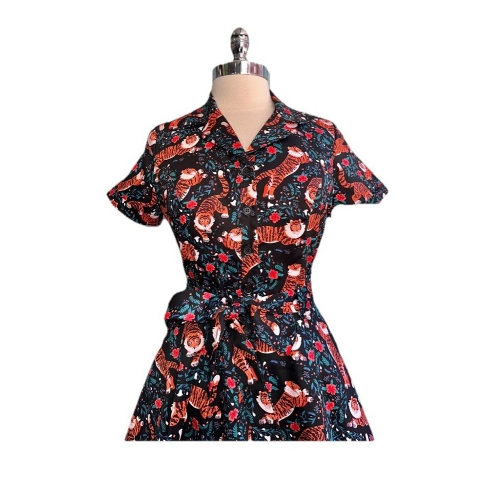 Eva Rose Fit & Flare Dress Sz 3X Vtg Tiger Graphic Floral Belted Retro Pinup - Picture 3 of 9